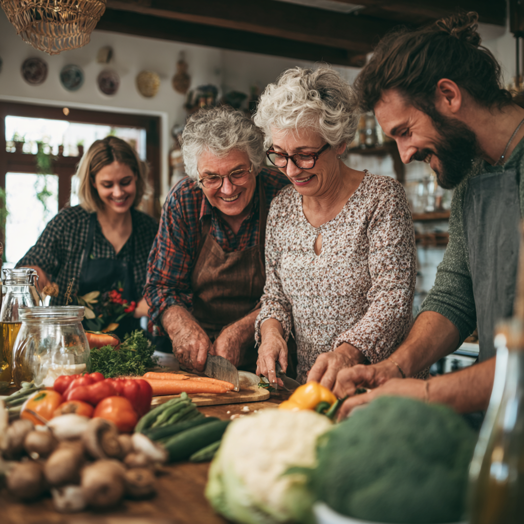 Happy Ukrainian family enjoying healthy meal together, smiling adults of various ages around dinner table with nutritious food