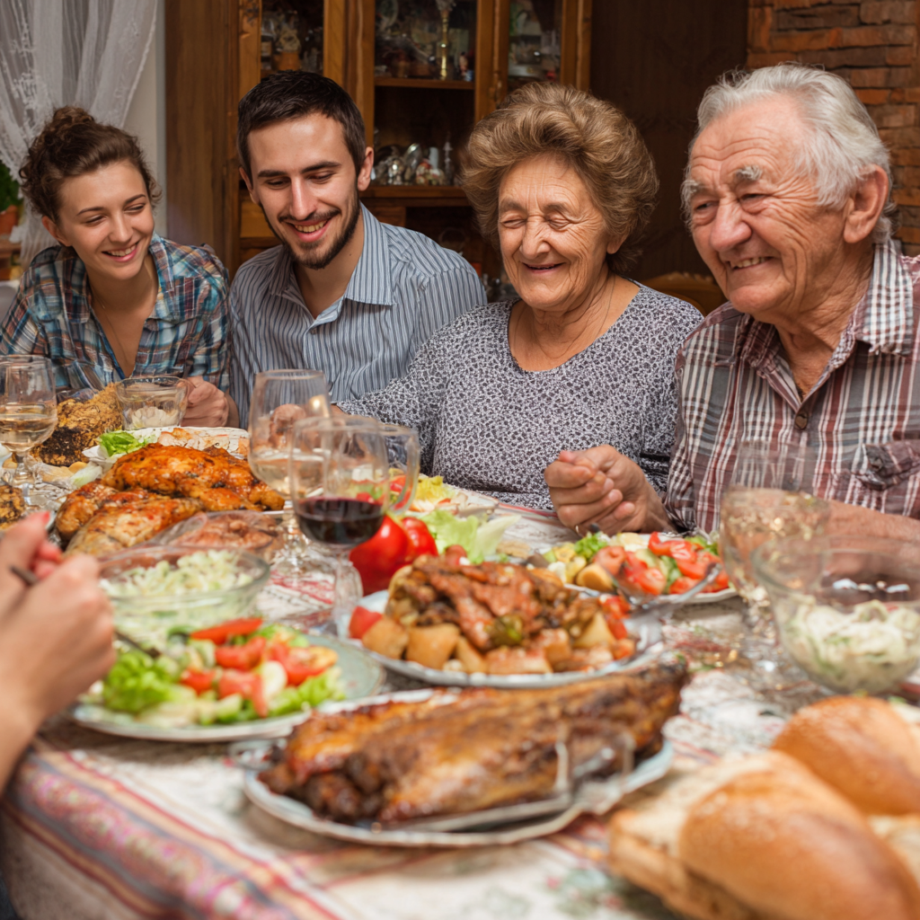Peaceful scene of Ukrainian adults enjoying comforting traditional meals, elderly people smiling while eating healthy stress-relief foods in cozy setting